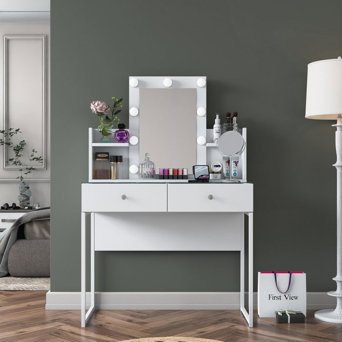 Hanah Home Mesa de Maquillaje con 9 Focos en Blanco